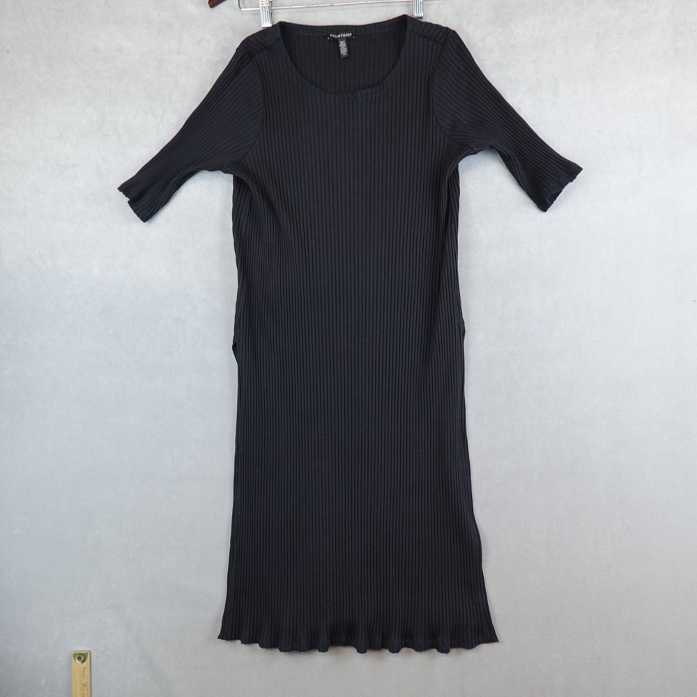 EILEEN FISHER Dress Ribbed Stretch Jersey Bodycon Short Sleeve Black Side Slit